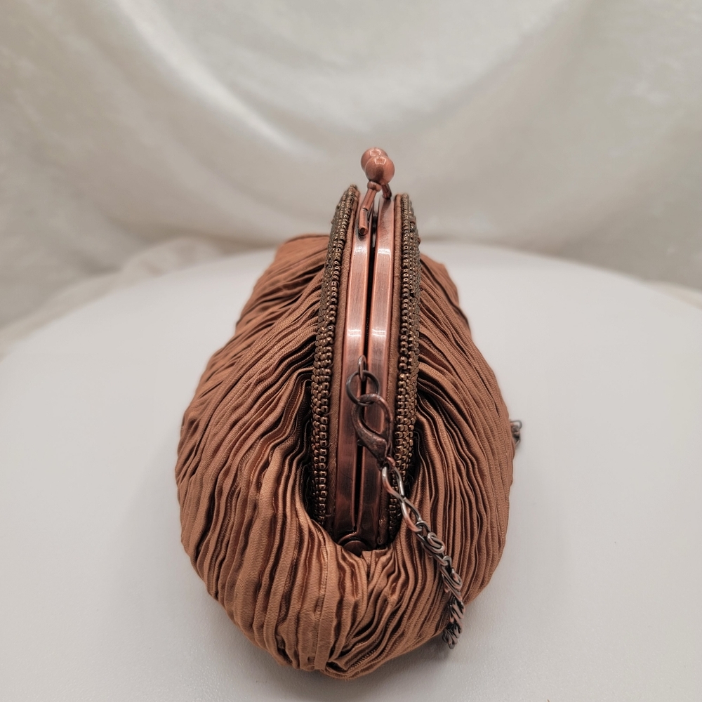 Carlo Fellini Bronze Pleated Satin and Beaded Bag Purse - Picture 2 of 6